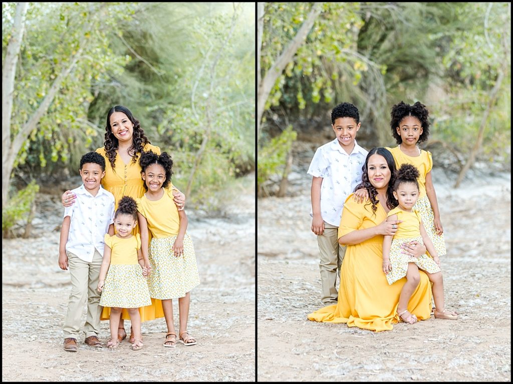 A picture of a mom and his kids at the Queen Creek Wash for a Mommy and Me Mini Session