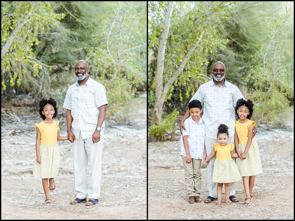 A picture of a dad and his 3 kids at the Queen Creek Wash for a Mommy and Me Mini Session