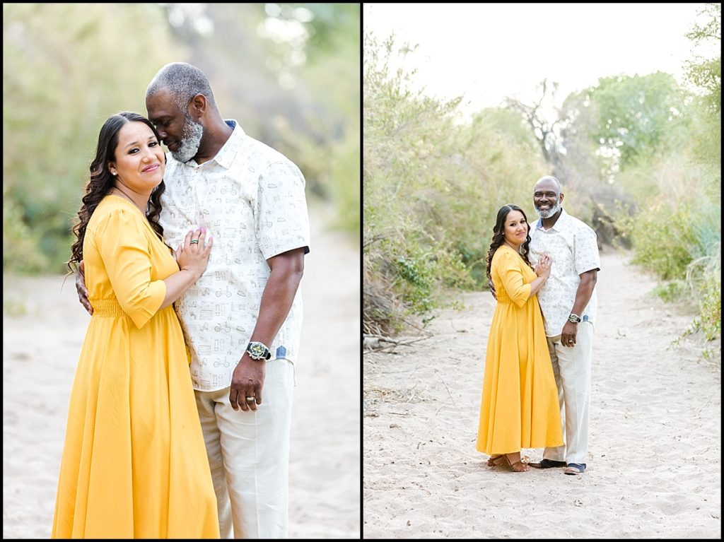 A picture of a husband and wife at the Queen Creek Wash for a Mommy and Me Mini Session