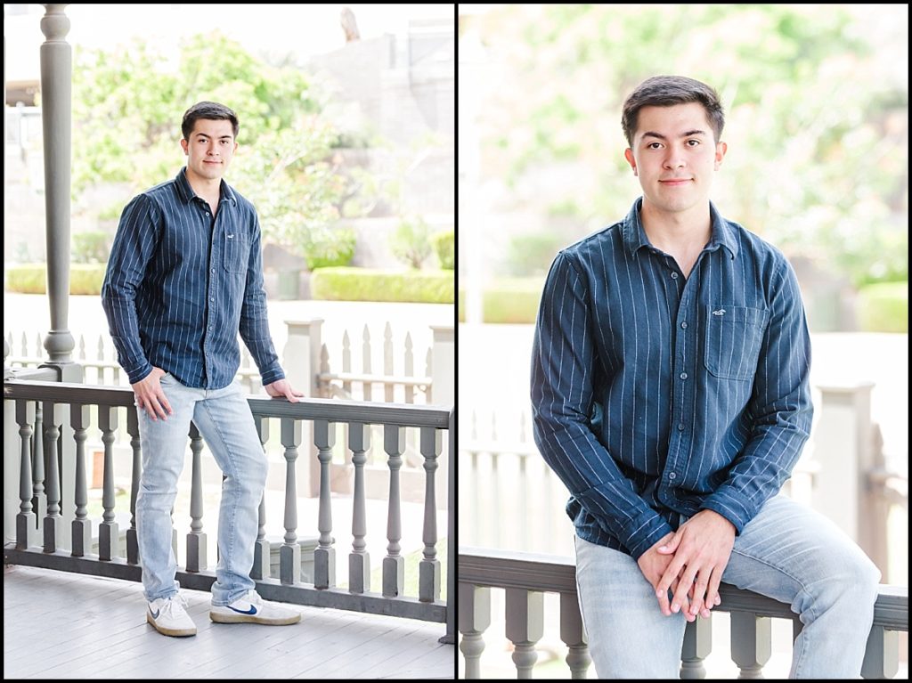 Boy sitting on banister during High School Senior Portrait at Heritage Square in Phoenix
