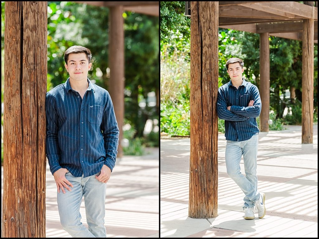 Boy Leaning on Post during High School Senior Portrait at Heritage Square in Phoenix