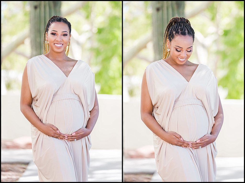 picture of a pregnant African American women in a tan maternity gown at Scottsdale Civic Center